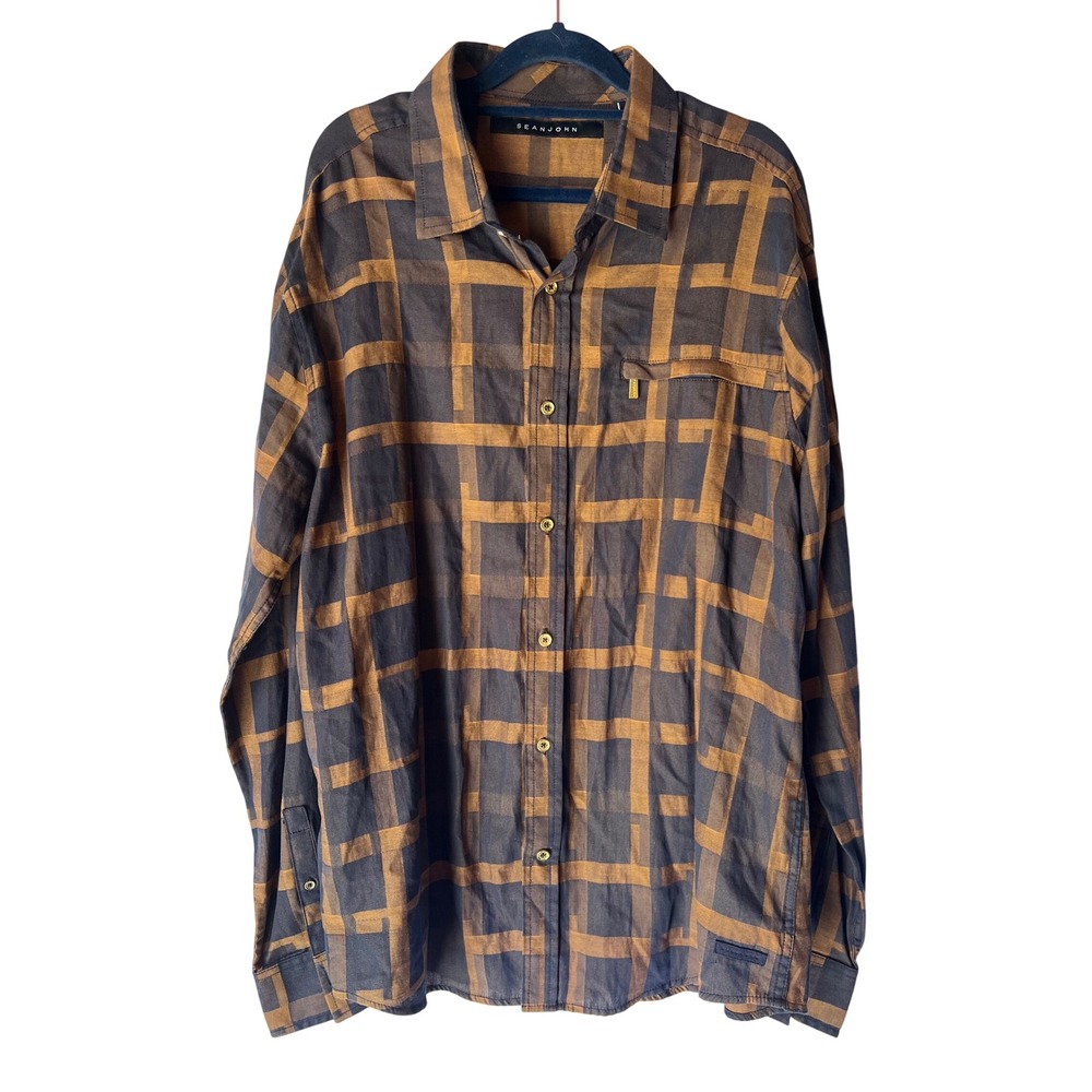 💚 Sean John Mens‎ Brown Plaid Button Down Long Sleeve Casual Shirt XL